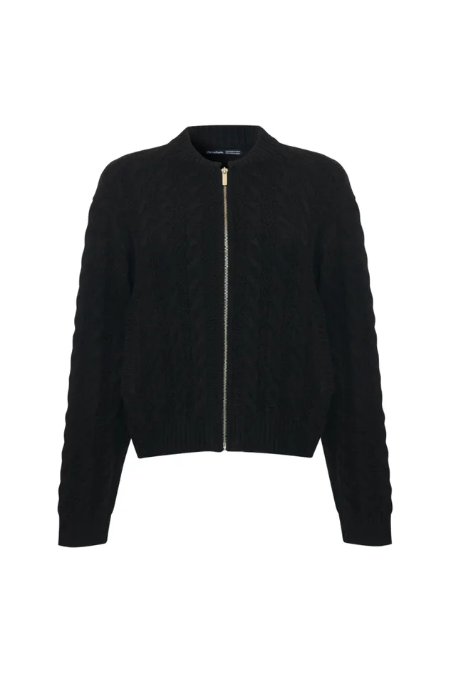 Women Black Cable Knit ZipUp Bomber Jacket Threadbare Jackets