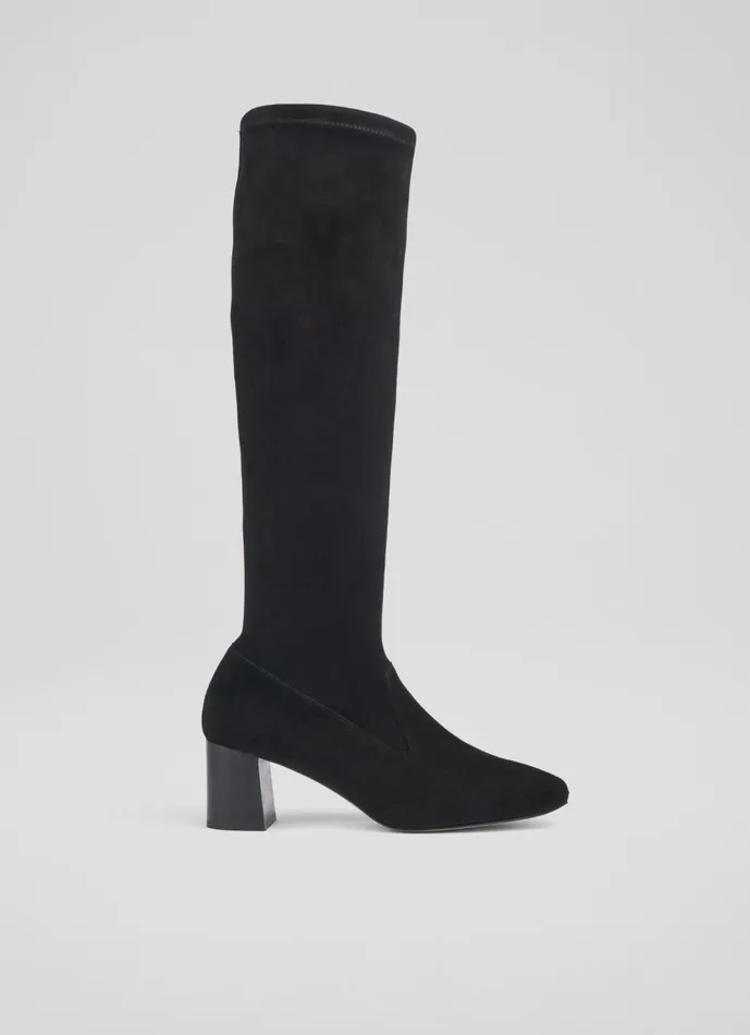 Women Boots LKBennett Davina Black Stretch Suede KneeHigh Boots Black