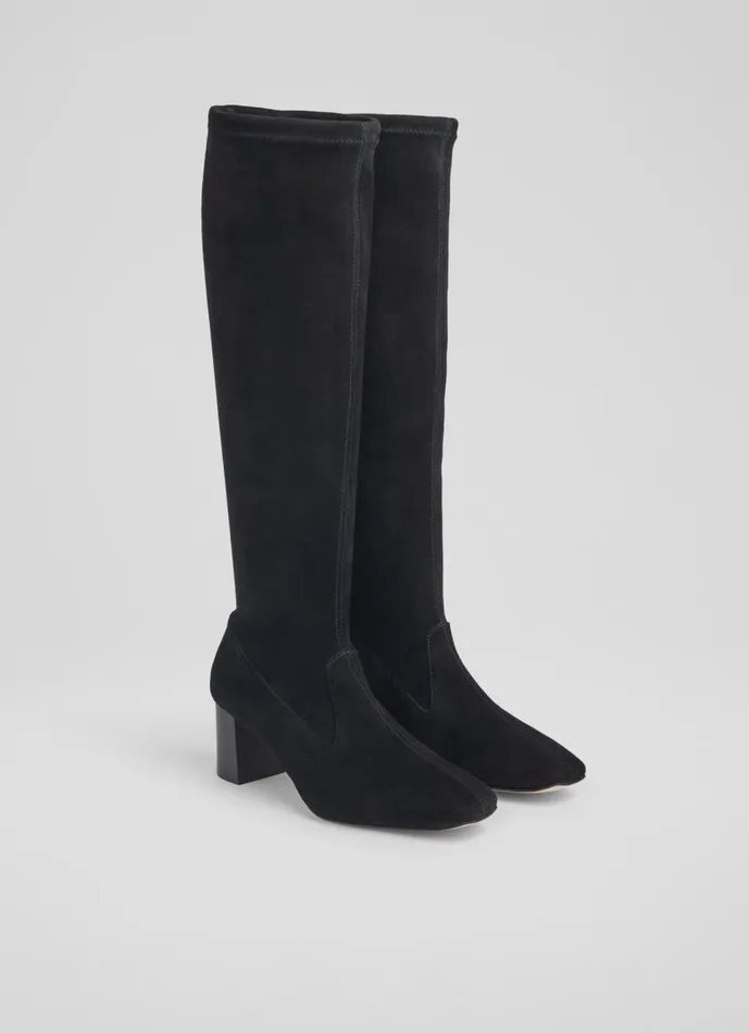 Women Boots LKBennett Davina Black Stretch Suede KneeHigh Boots Black