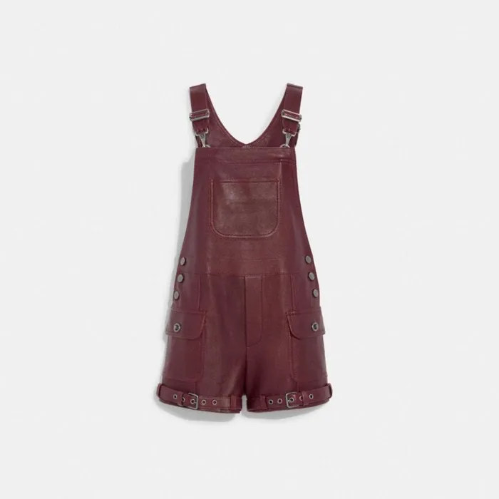 Women Bottoms Coach Leather Dungarees Burgundy