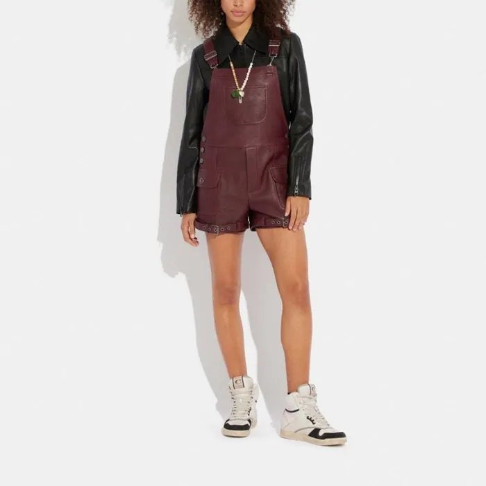 Women Bottoms Coach Leather Dungarees Burgundy