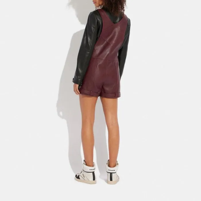 Women Bottoms Coach Leather Dungarees Burgundy