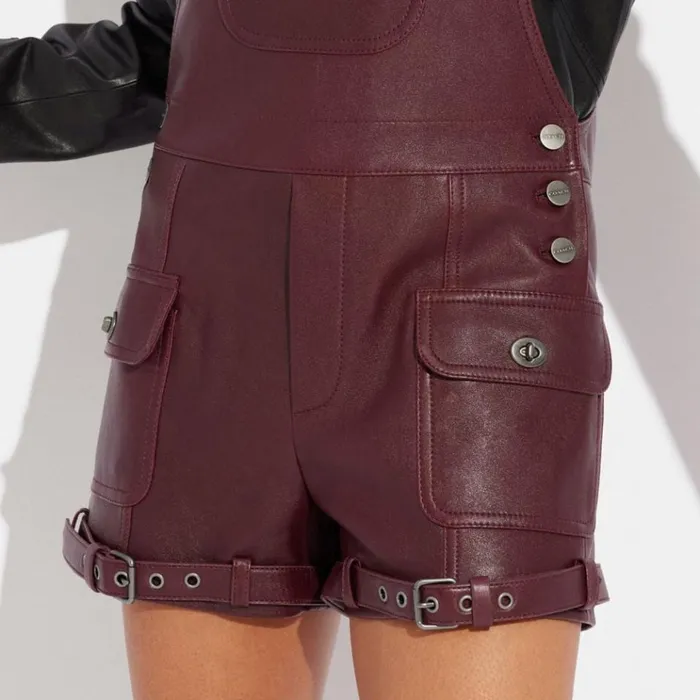 Women Bottoms Coach Leather Dungarees Burgundy