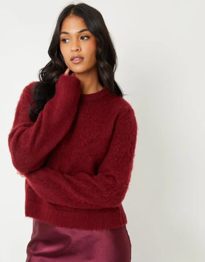Women Burgundy Brushed Knitted Jumper Threadbare Jumpers