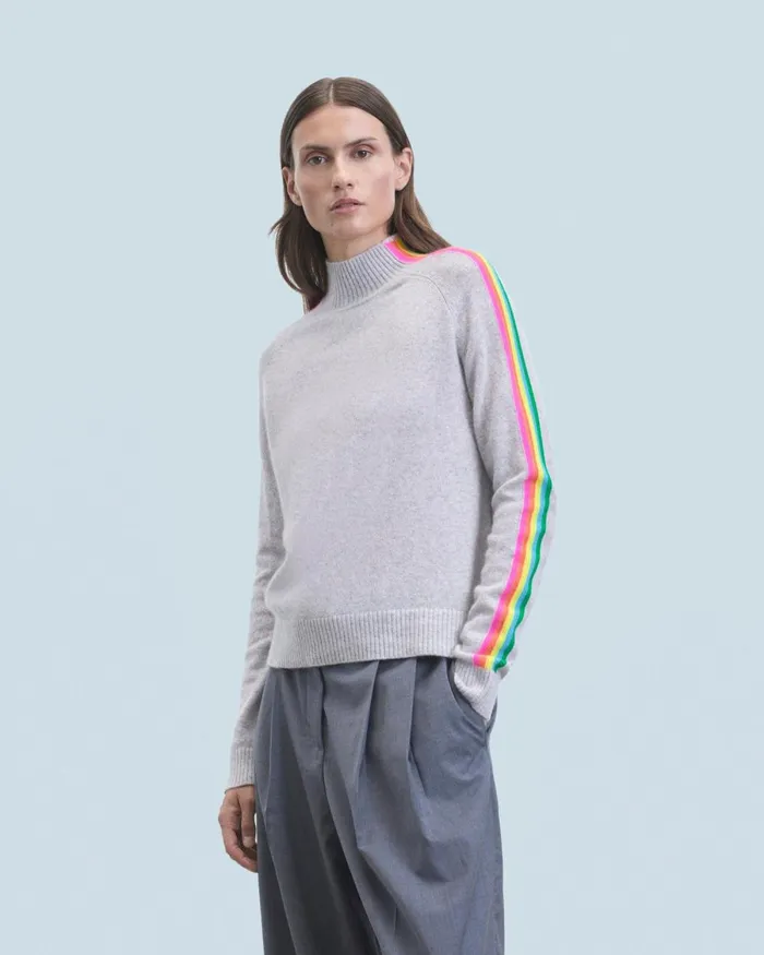 Women Cashmere Sweaters From Future Mock Neck Sweater With Multico Light Stripes Sleeves Light Heather Gray