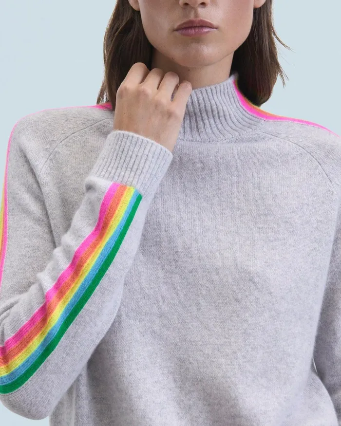 Women Cashmere Sweaters From Future Mock Neck Sweater With Multico Light Stripes Sleeves Light Heather Gray