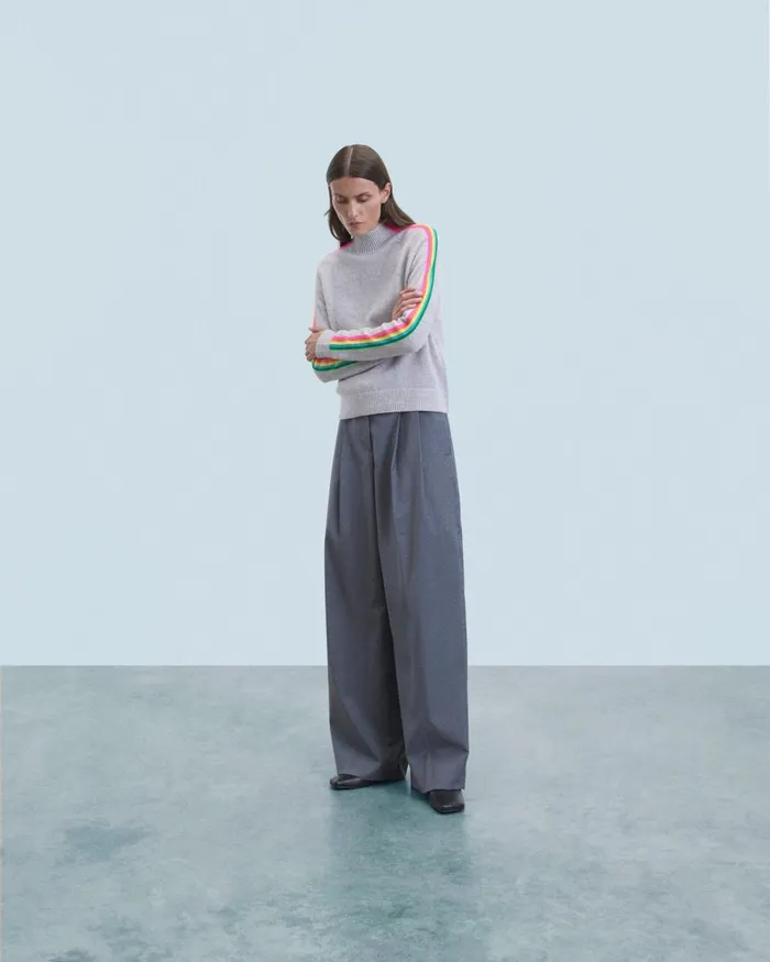 Women Cashmere Sweaters From Future Mock Neck Sweater With Multico Light Stripes Sleeves Light Heather Gray