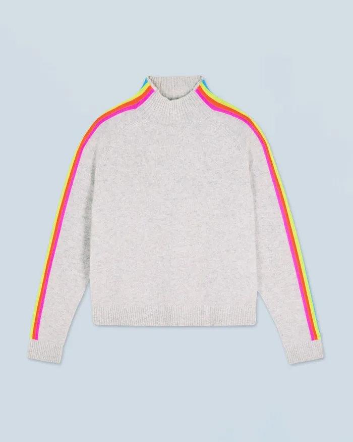 Women Cashmere Sweaters From Future Mock Neck Sweater With Multico Light Stripes Sleeves Light Heather Gray