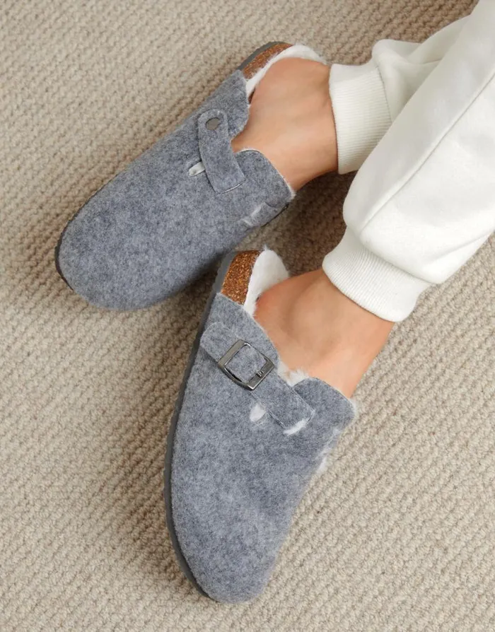 Women Charcoal Felt Faux Fur Lined Clog Mule Slippers Threadbare Slippers