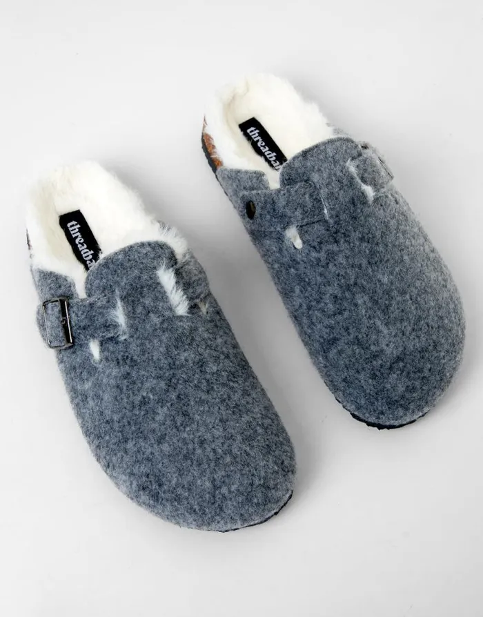 Women Charcoal Felt Faux Fur Lined Clog Mule Slippers Threadbare Slippers Women Charcoal Felt Faux Fur Lined Clog Mule Slippers Threadbare Slippers
