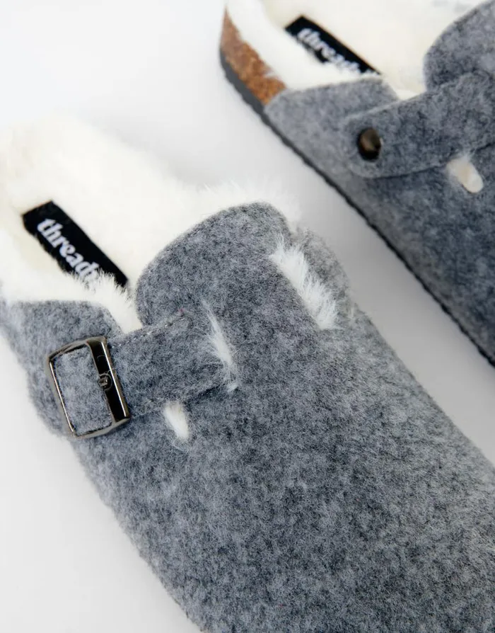 Women Charcoal Felt Faux Fur Lined Clog Mule Slippers Threadbare Slippers Women Charcoal Felt Faux Fur Lined Clog Mule Slippers Threadbare Slippers