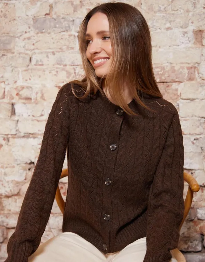Women Chocolate Button Up Pointelle Knit Cardigan Threadbare Cardigans