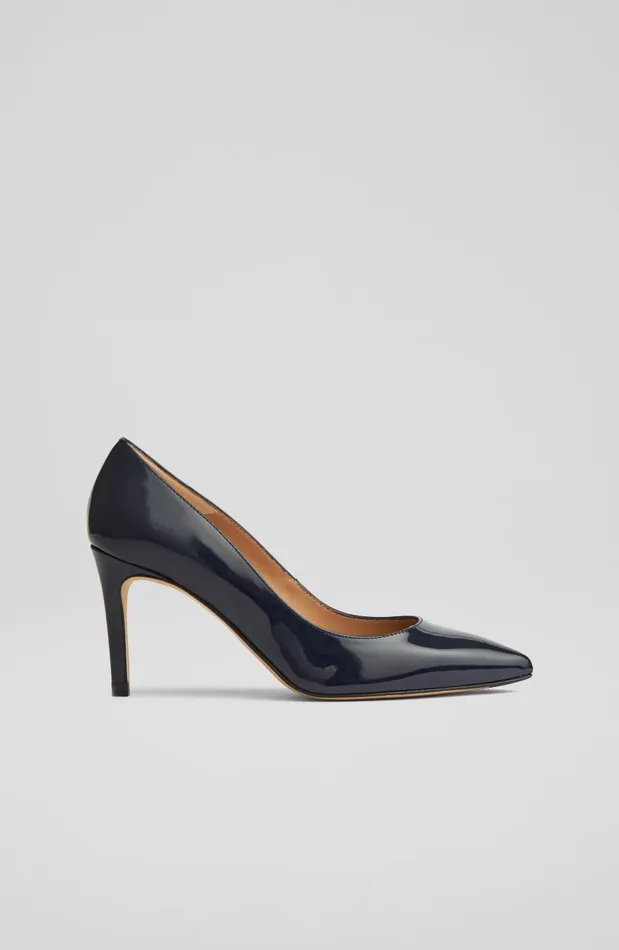 Women Court Shoes LKBennett Floret Navy Patent Leather Pointed Toe Courts Navy Blue