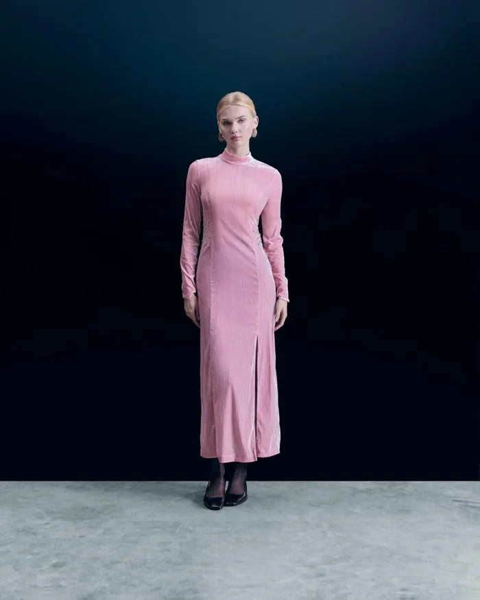 Women Dresses and Jumpsuits From Future Crinkle Velvet Long Sleeve Long Dress Crystal Pink