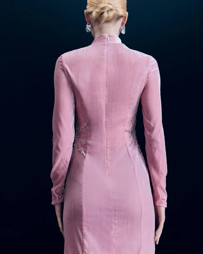 Women Dresses and Jumpsuits From Future Crinkle Velvet Long Sleeve Long Dress Crystal Pink