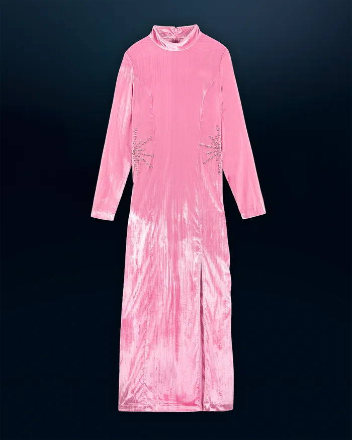 Women Dresses and Jumpsuits From Future Crinkle Velvet Long Sleeve Long Dress Crystal Pink