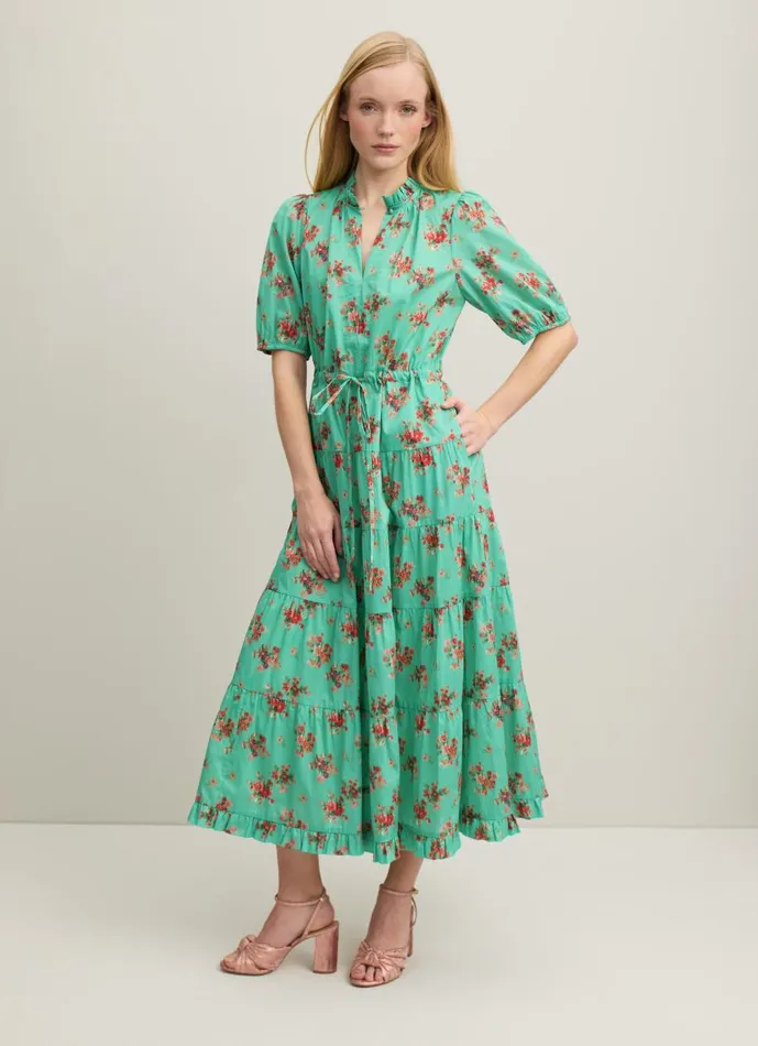 Women Dresses LKBennett Hedy Bouquet Print Organic Cotton Tiered Dress Green
