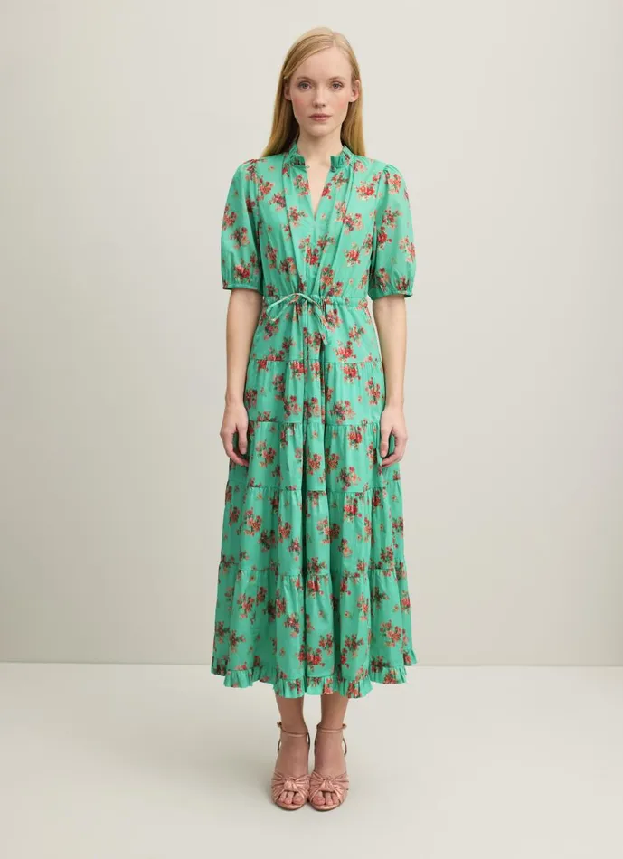 Women Dresses LKBennett Hedy Bouquet Print Organic Cotton Tiered Dress Green Women Dresses LKBennett Hedy Bouquet Print Organic Cotton Tiered Dress Green