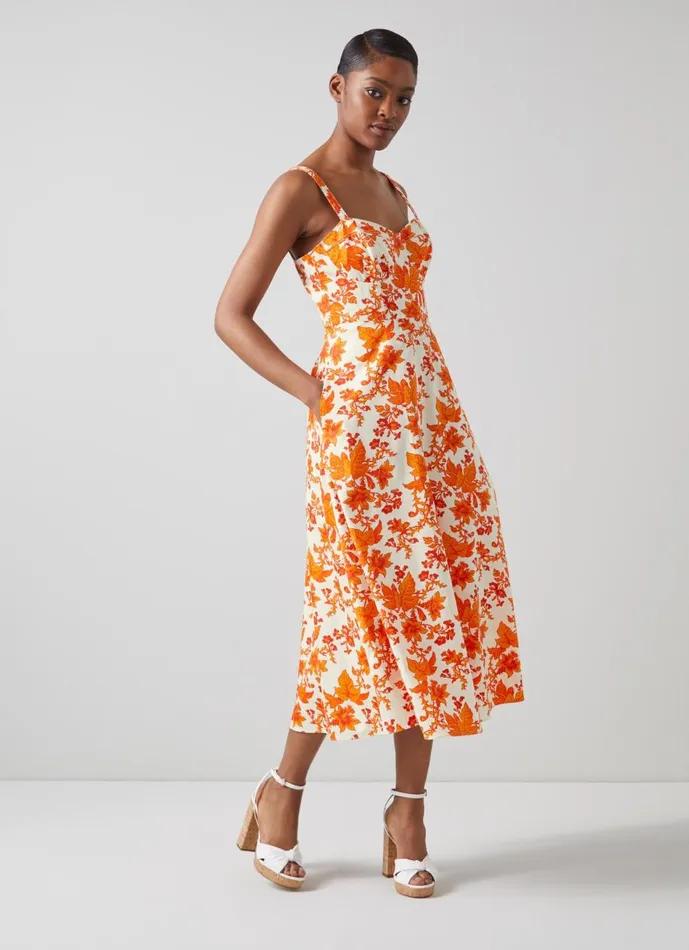 Women Dresses LKBennett Lucy Orange Vine Leaf Print Cotton Sun Dress Orange