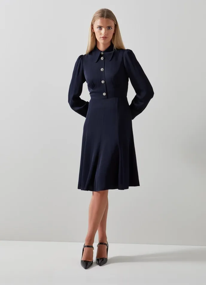 Women Dresses LKBennett Mira Navy Crepe Long Sleeve Tea Dress Navy Blue Women Dresses LKBennett Mira Navy Crepe Long Sleeve Tea Dress Navy Blue