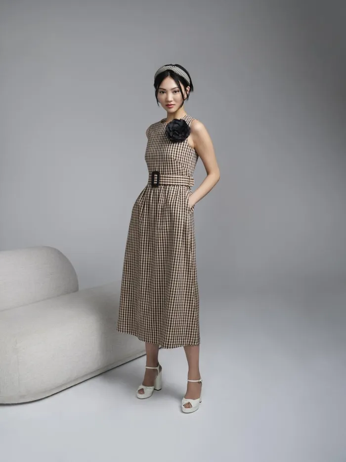 Women Dresses LKBennett Rae Brown And Cream Gingham Fit And Flare Dress Multi