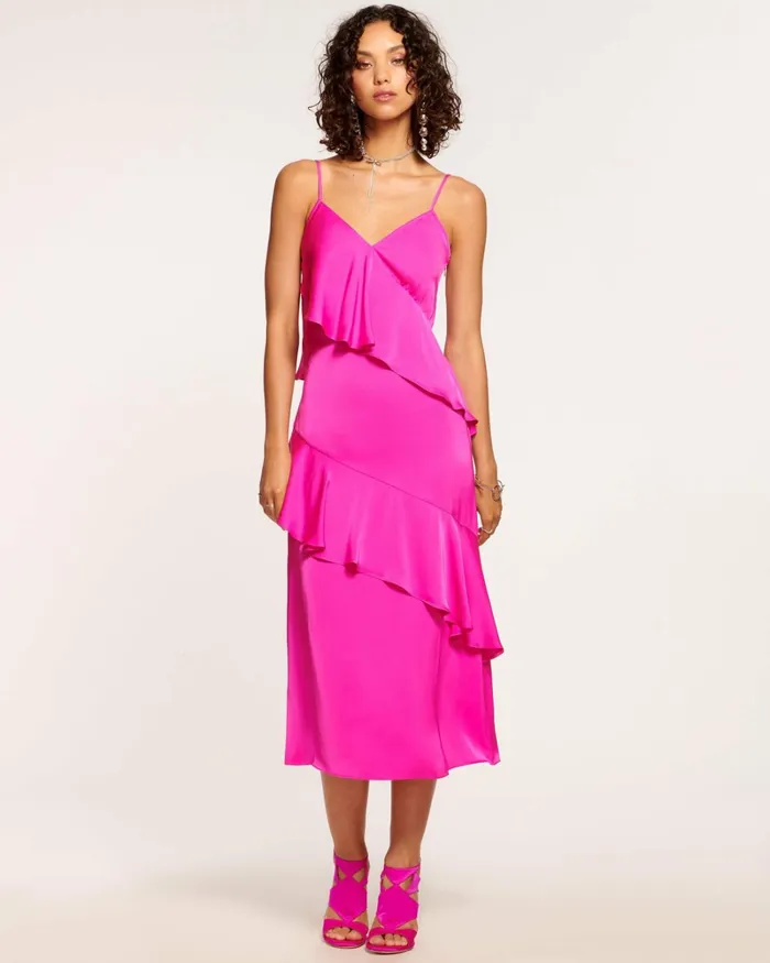 Women Elsie Ruffle Midi Dress Electric Pink Ramy Brook Dresses Women Elsie Ruffle Midi Dress Electric Pink Ramy Brook Dresses