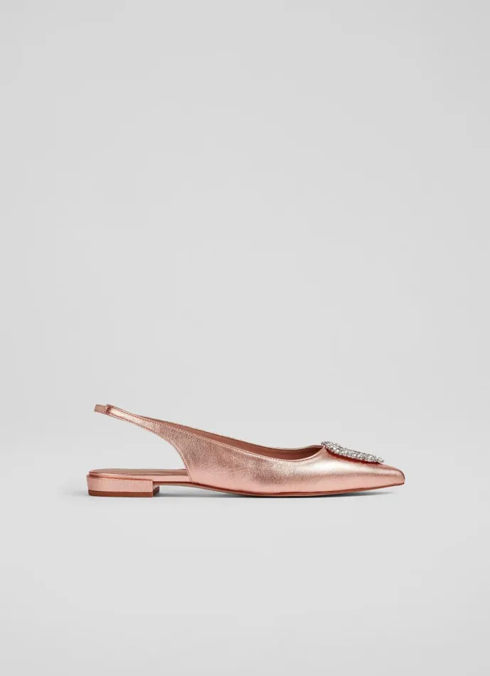Women Flats LKBennett Luana Copper Leather Heart Brooch Slingback Flats Copper