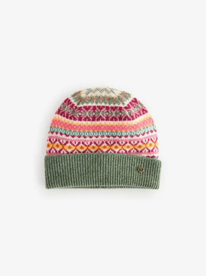 Women Hats Fat Face Green Lambswool Fairisle Beanie Hat