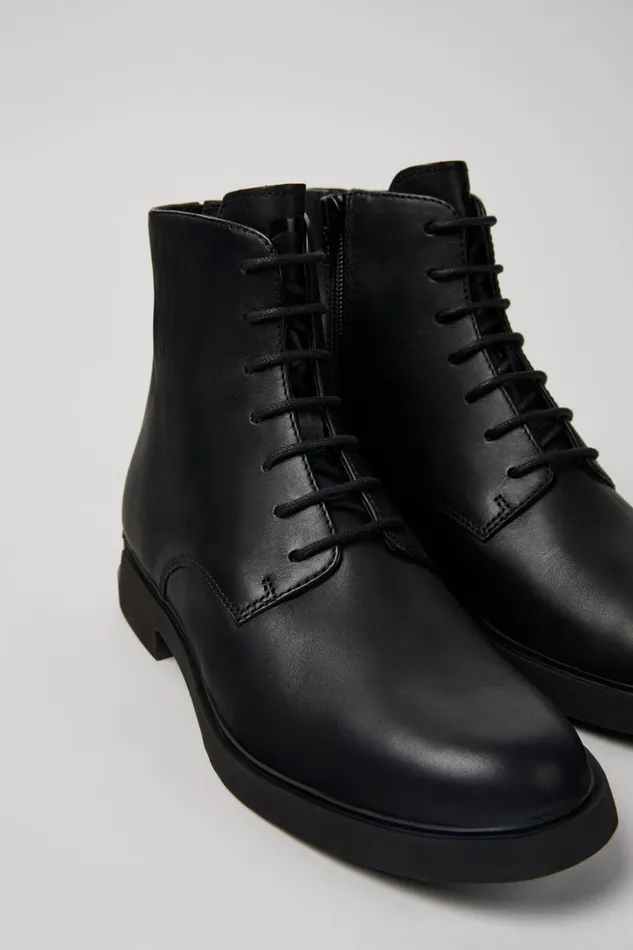 Women Iman Black Leather Laceup Boots Camper Ankle Boots