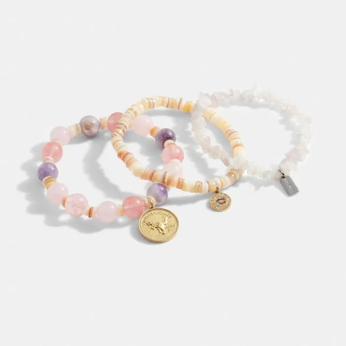 Women Jewelry Coach Coin Beaded Bracelet Set Goldpink Multi