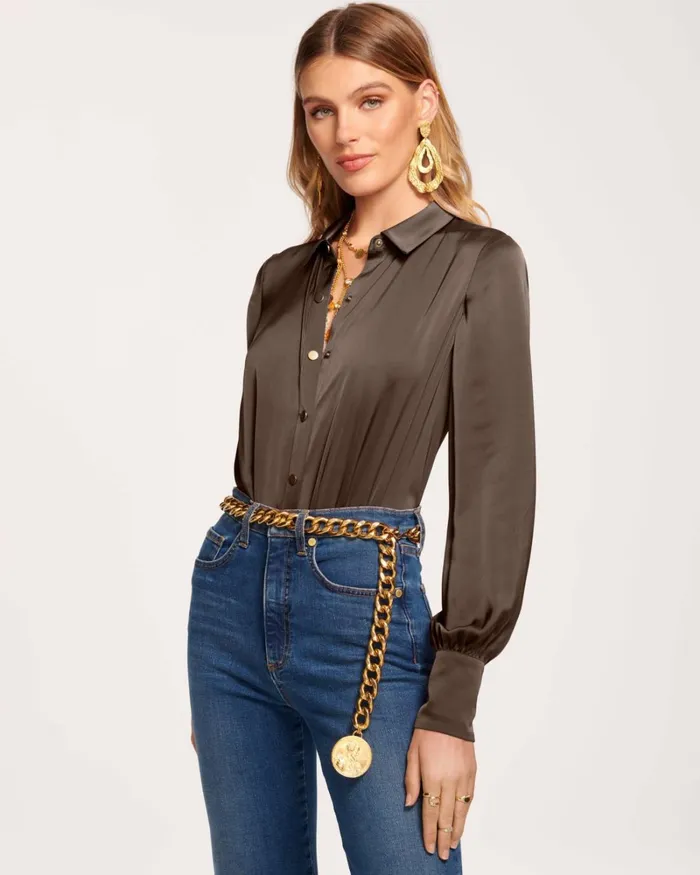 Women Kayla Button Up Bodysuit Sandstone Ramy Brook Tops
