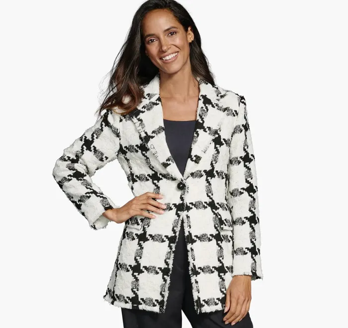 Women Large Houndstooth Tweed Blazer Whiteblack JohnstonandMurphy Shirts Sweaters and Blazers