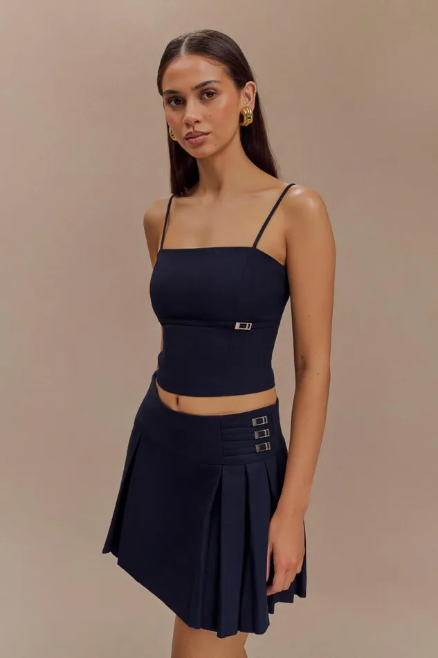 Women Meshki Bottoms Angie Pleated Buckle Mini Skirt 8211 Dark Navy