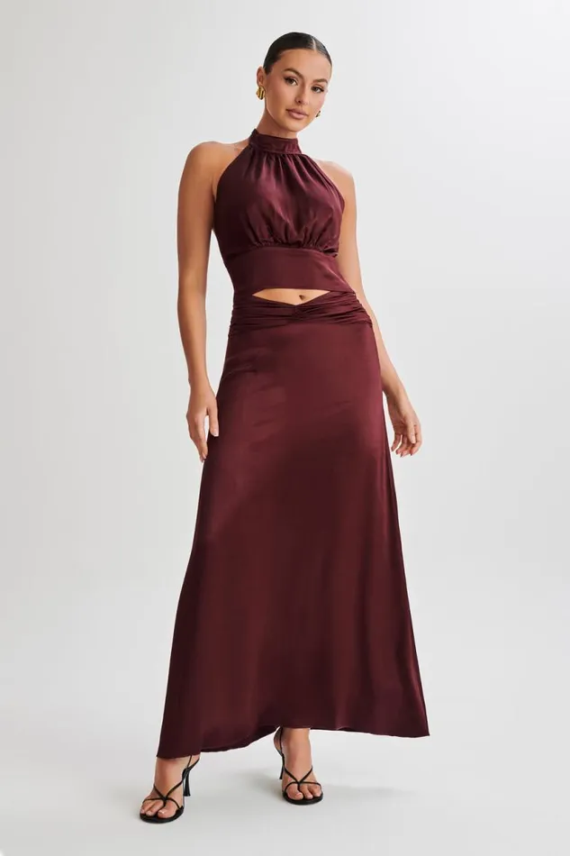 Women Meshki Bottoms Clara Satin Ruched Maxi Skirt 8211 Plum