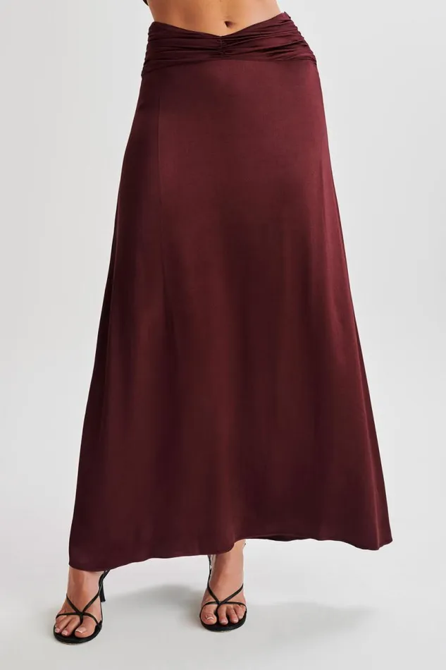 Women Meshki Bottoms Clara Satin Ruched Maxi Skirt 8211 Plum