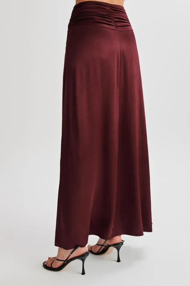 Women Meshki Bottoms Clara Satin Ruched Maxi Skirt 8211 Plum