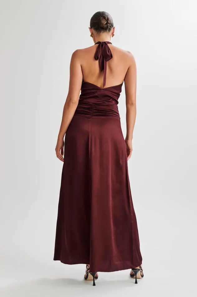 Women Meshki Bottoms Clara Satin Ruched Maxi Skirt 8211 Plum