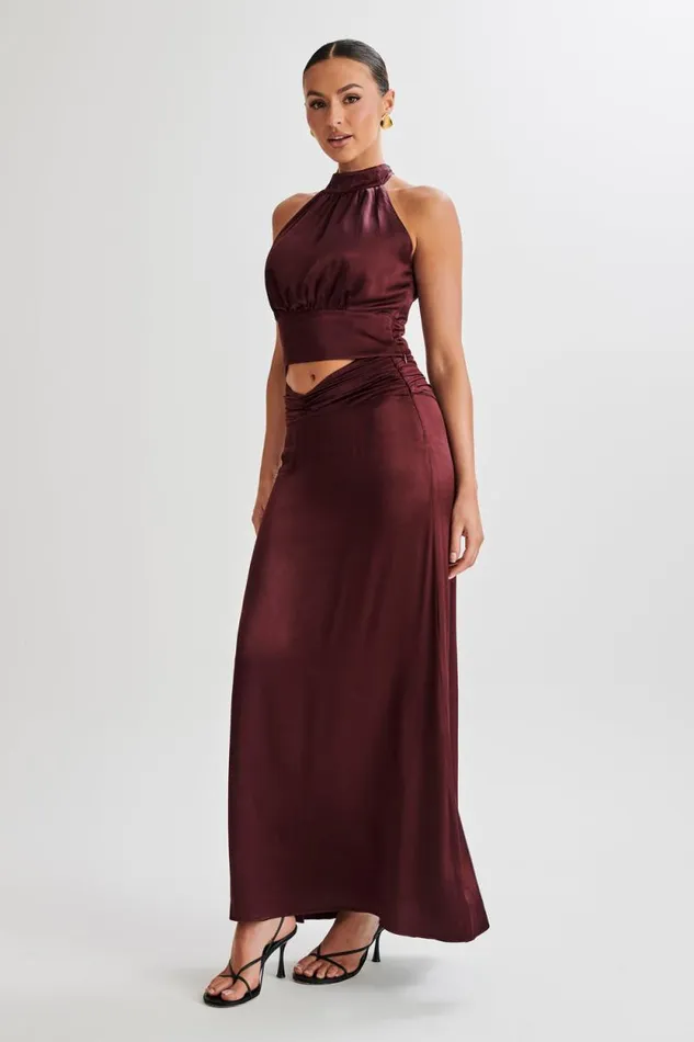 Women Meshki Bottoms Clara Satin Ruched Maxi Skirt 8211 Plum