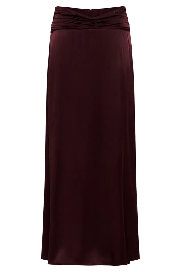 Women Meshki Bottoms Clara Satin Ruched Maxi Skirt 8211 Plum