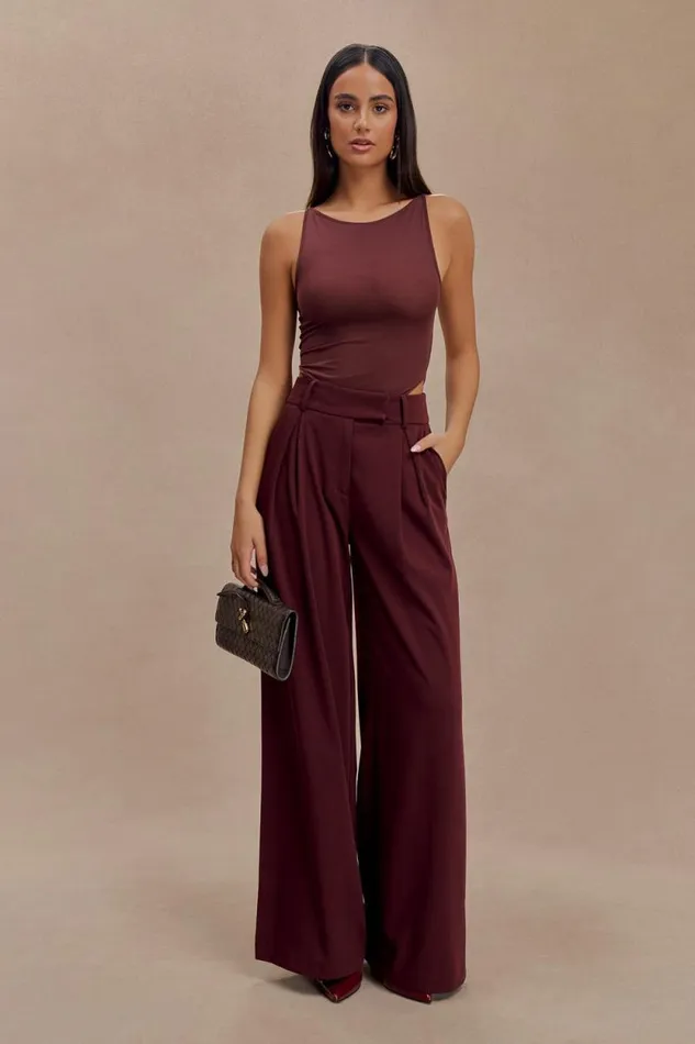 Women Meshki Bottoms Jacqueline Pleated Wide Leg Pants 8211 Mahogany