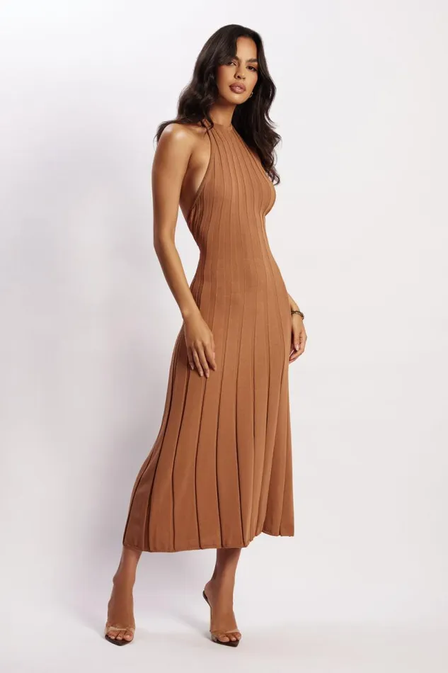 Women Meshki Dresses Adrienne Halter Neck Midi Dress 8211 Tan