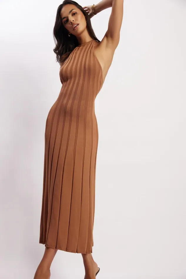 Women Meshki Dresses Adrienne Halter Neck Midi Dress 8211 Tan