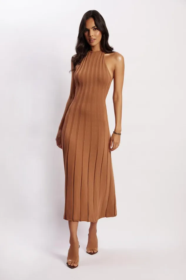Women Meshki Dresses Adrienne Halter Neck Midi Dress 8211 Tan