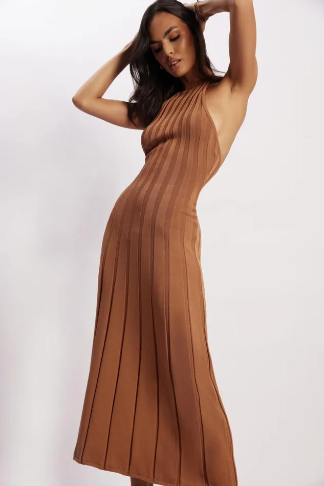 Women Meshki Dresses Adrienne Halter Neck Midi Dress 8211 Tan