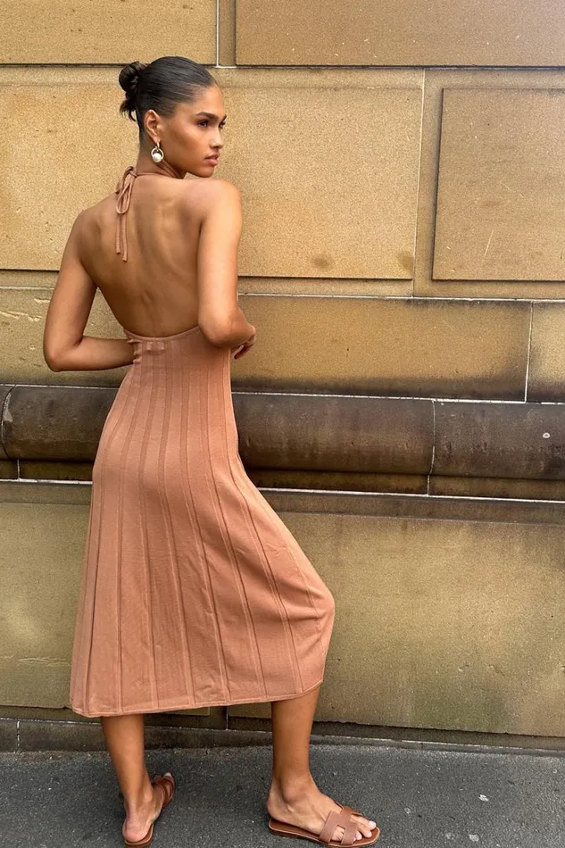 Women Meshki Dresses Adrienne Halter Neck Midi Dress 8211 Tan