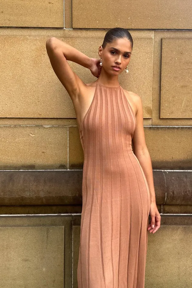 Women Meshki Dresses Adrienne Halter Neck Midi Dress 8211 Tan