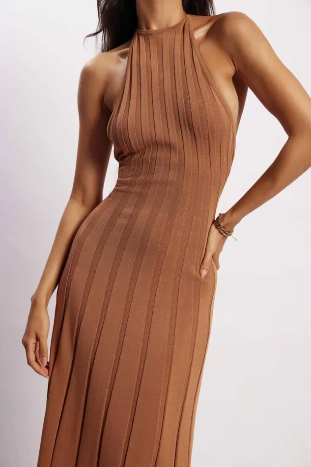 Women Meshki Dresses Adrienne Halter Neck Midi Dress 8211 Tan