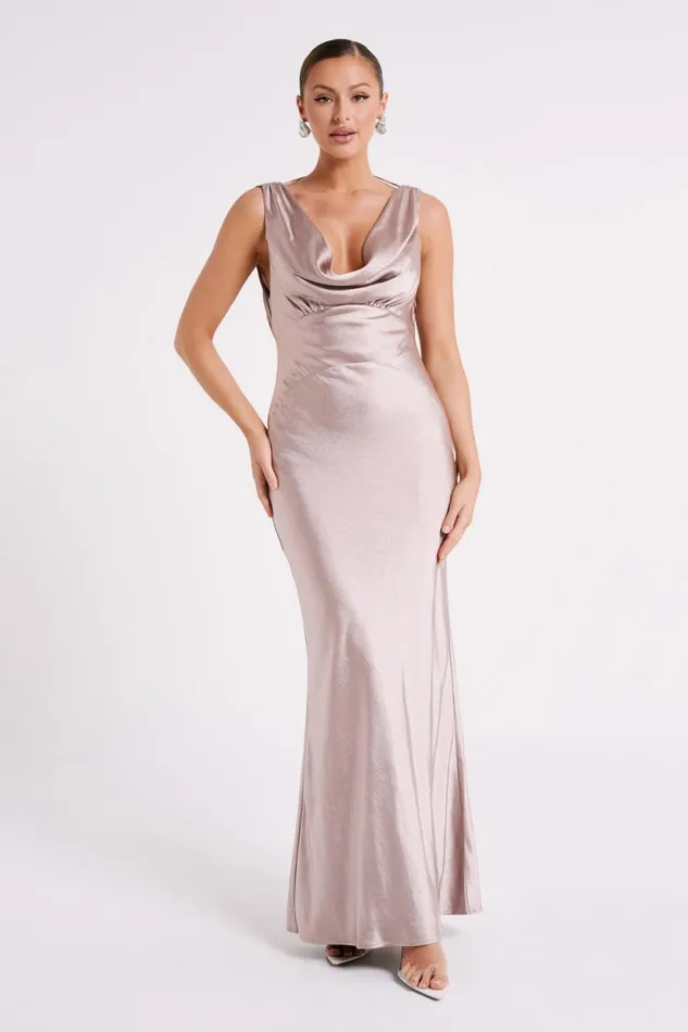 Women Meshki Dresses Angelique Satin Cowl Back Maxi Dress 8211 Taupe