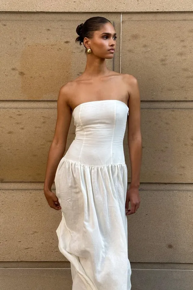 Women Meshki Dresses Audrina Strapless Linen Maxi Dress 8211 White