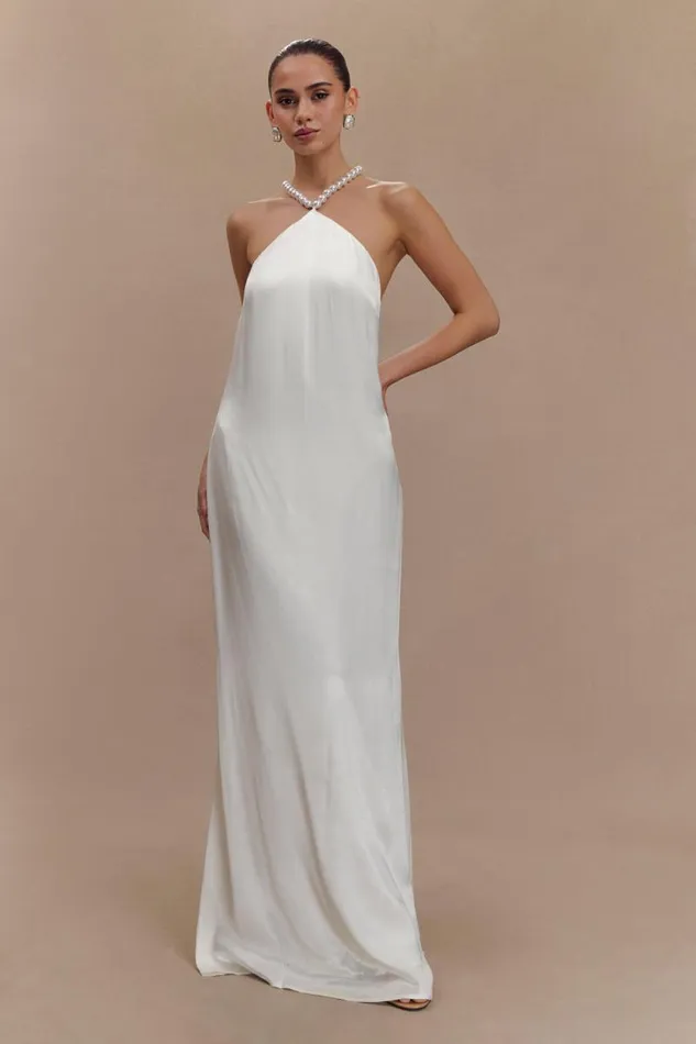 Women Meshki Dresses Blanche Satin Pearl Halter Maxi Dress 8211 White